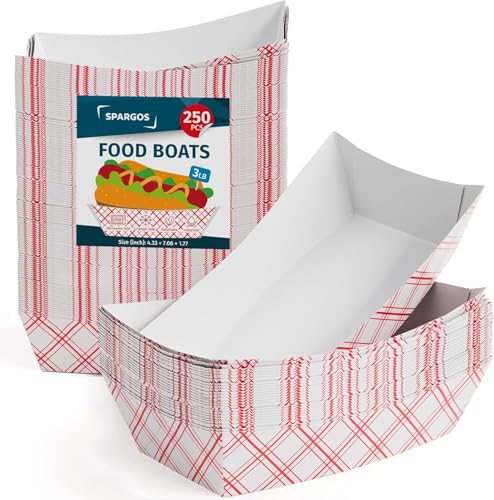 SPARGOS Plateaux de Nourriture pour Fêtes 3LB Blanc (Lot de 250) - Platеaux à Hot-Dog Étanches et Sûrs pour Congélateur - Boîtes en Carton pour Nourriture Jetables - Papier pour Servir pour Fêtes