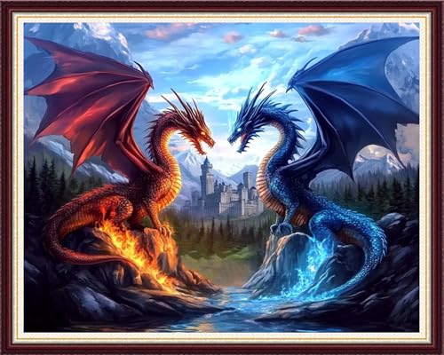 Image of Foxnyart Stamped Cross Stitch Kits Full Range of Embroidery Needlework Starter Kits for Beginners Adults 11CT Embroidery Patterns Art Crafts DIY Needlepoint Kit-Water Fire Dragon Castle 16x20 inchs