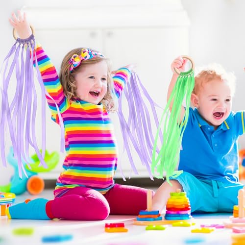 Image of Junkin Ribbon Rings Hand Kite Waldorf Toys Dancing Wrist Ribbons Rainbow Streamers with Wood Ring Educational Toy for Playroom Dancing Birthday Party Gift(Solid Color,24 Pcs)