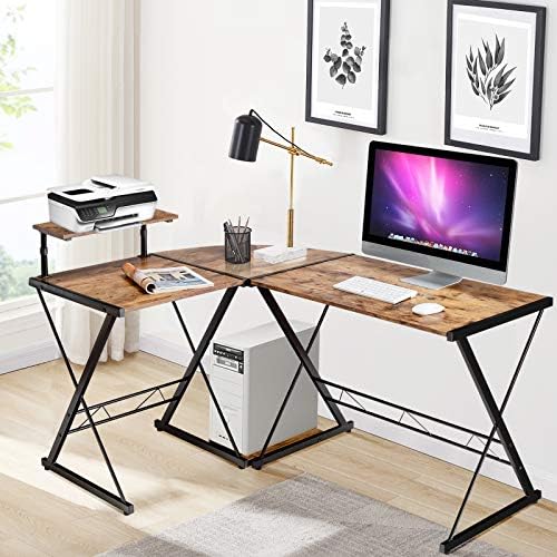 CASART Computer Desk, L-Shaped PC Office Table with Movable Monitor Stand, Corner Workstation for Working Studying Gaming (Antique Color)