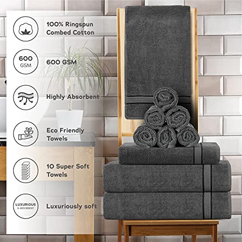 Sweetneedle Charcoal Towels Set, Pack Of 10, 2 Bath Towels, 2 Hand Towels, 6 Washcloth Towels, 100% Ring Spun Cotton Towels, 600 Gsm Premium Quality, Highly Absorbent, Soft, Comfort Machine Washable #TOP3