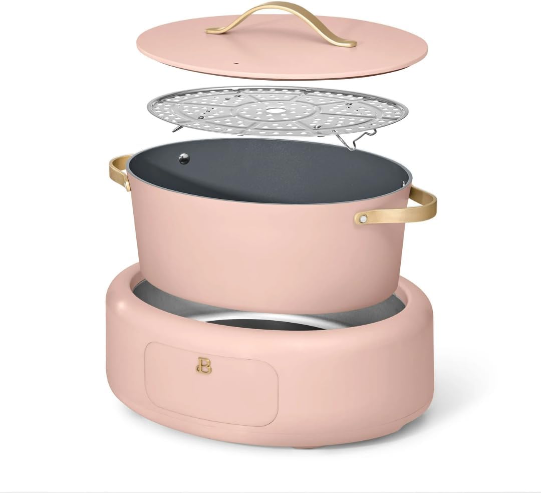 Explotat view of the Beautiful 10-in-1 Electric Multi-Cooker components, showing the base, inner pot, lid, and steamer rack.