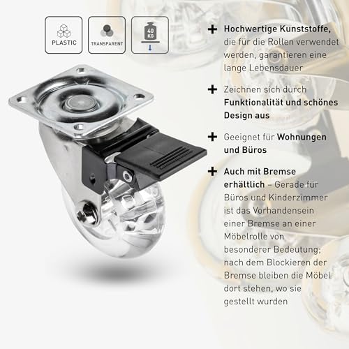 GTV - Möbelrollen BRAZIL, Lenkrollen, 4 Stück set Rollen für Möbel: 2x Rollen mit Bremse, 2x ohne Bremse, aus Stahl und Gummi, +16 konische Schrauben 4x17, Durchmesser: 50 mm, Farbe: Transparent