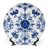 Fanjanmey Flowers Theme Decorative Ceramic Plate Round Porcelain Plate,10 inch,Vintage Pattern,for Decorative Ornaments Giving Plates,1 Plate with 1 Display Stand,Blue White