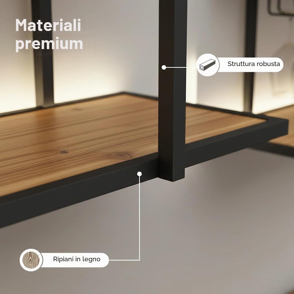 120CM Portabottiglie da parete con luce a LED, portabottiglie da parete in metallo a 4 ripiani con ripiani, industriale per la decorazione di bar e sala da pranzo (Black, 47.2IN)