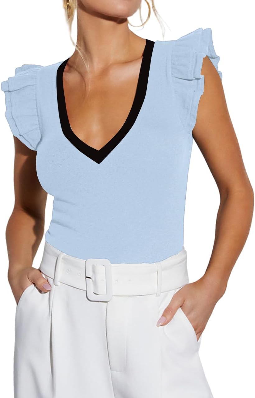 INFITTY Women's V Neck T Shirts Ruffle Sleeve Tops Dressy Sexy Sleeveless Slim Fitted Ribbed Tank Top Summer 2026