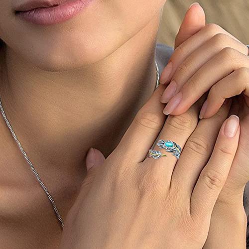 Salloog Turquoise Feather Ring 925 Sterling Silver Vintage Wide Feather Rings Women Men Turquoise Western Style Jewelry Gifts For Teens Girls Wrap Thumb Ring Open Size 4-11 thumb #3