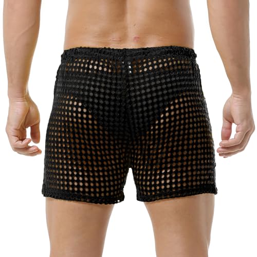 DTODWW Mens Fishnet Underwear Boxer Shorts Mesh Trunks See Through Shorts with Drawstring Nightwear Shorts4