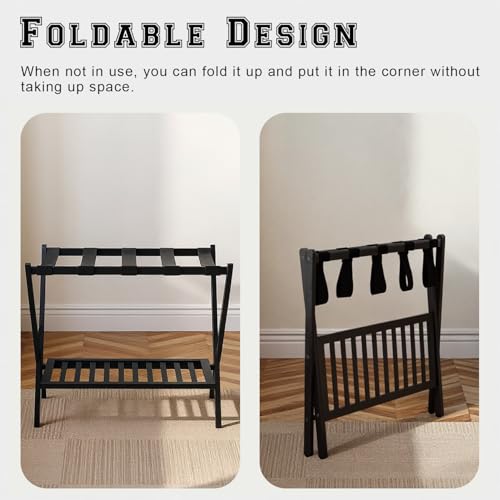 Image of Bamboo Luggage Rack with Shoe Shelf Folding Suitcase Stand with 5 Heavy-Duty Straps for Guest Room Living Room Hotel Ideal Luggage Holder for Suitcases Bags Shoes,Black