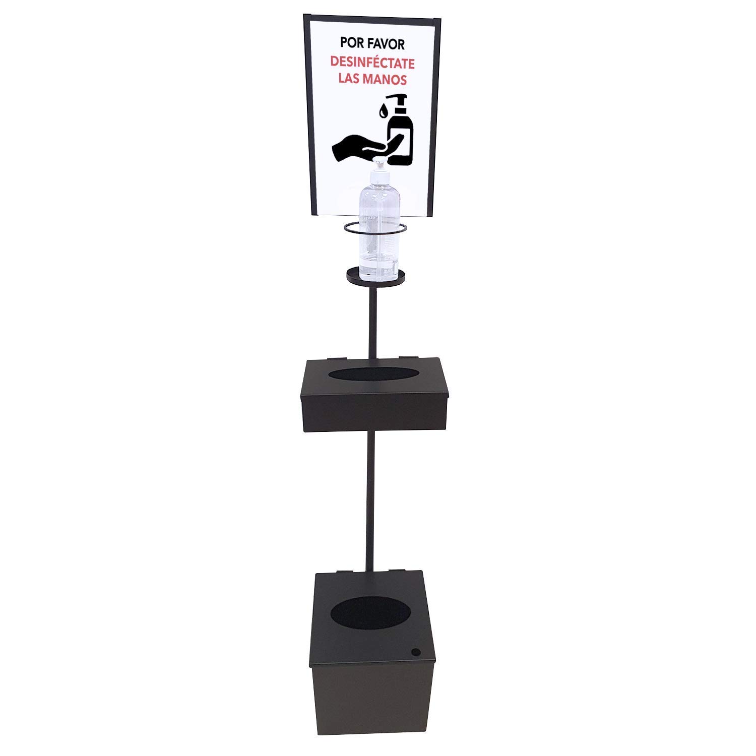 Dispensador de Pie para Gel Hidroalcohólico Desinfectante de Manos para Comercios y Oficinas, con Cartelera A4, Caja Cerrada para Caja Guantes y Papelera con Tapa. Fabricado en España