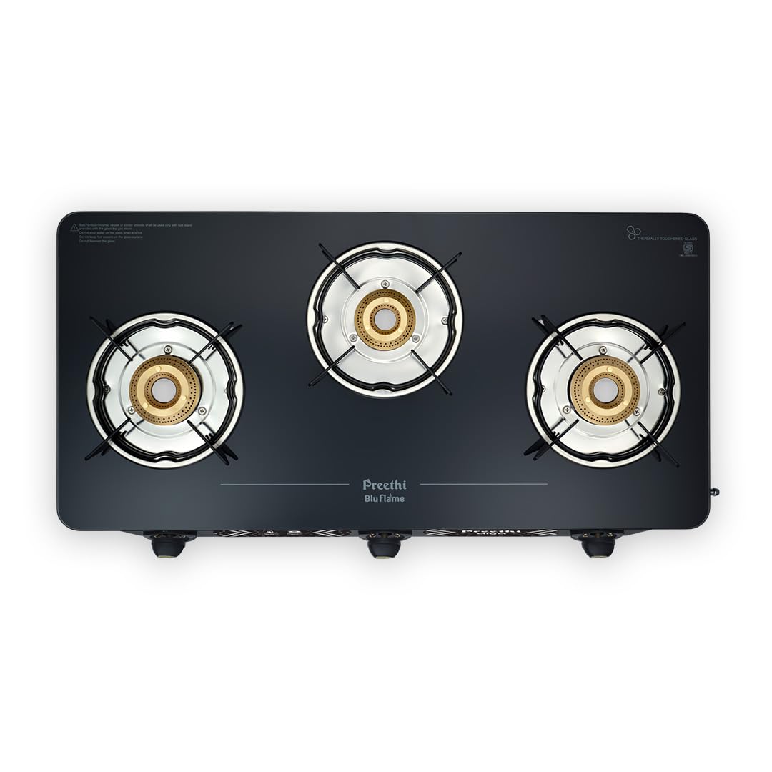 Preethi Alya 3 Burner Glass Top Gas Stove | 5-Year Warranty on Glass & Burners | ISI Certified |