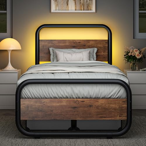 Catrimown Twin Bed Frame with LED Lights, Heavy Duty Metal