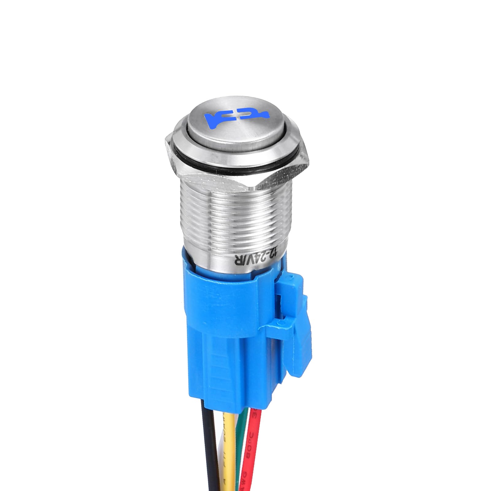 DMiotech 16mm / 5/8" Stainless Steel Momentary Push Button Switch Domed Head 5A 12-24V Silver Shell 5 Pin with Cable Socket Blue Trumpet LED 1NO1NC for Car Boat Systems Custom Setups