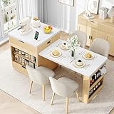 IRONCK 78.7' Kitchen Island with Extendable Dining Table & Storage for 2-6, with Motion-Sensor LED Tempered Glass Cabinet, Charging Station, Spice Racks, Quartz Laminate Top for Dining Room (Oak)