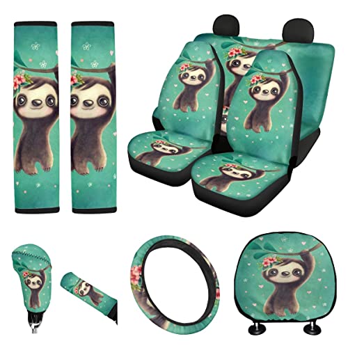 Dolyues Car Seat Covers Full Set for Women Cute Green, Adorable Sloth Animal Hold Floral Print Steering Wheel Cover, Gear Shift Knob Cover, Auto Accessories Seat Belt Pads for Cars, SUV, 11 Piece