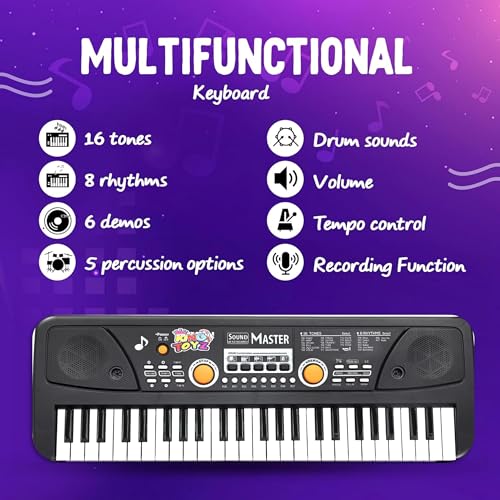 Image of Piano Keyboard with Mic | 49 Keys, 8 Rhythms, 16 Tones, 6 Demo Songs & 5 Percussions | Electronic Musical Toy for Boys & Girls Age 3 Plus | Educational & Recording Keyboard for Beginners-Black