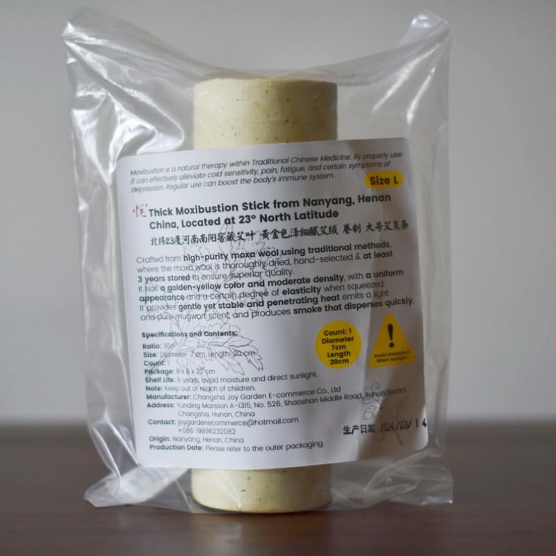 Joy Garden Golden Moxa Thick Moxibustion Stick from Nanyang, Henan, China, Located at 23° North Latitude Size Large 7cm Diameter 20cm Length Count 1 Extra Big Moxa