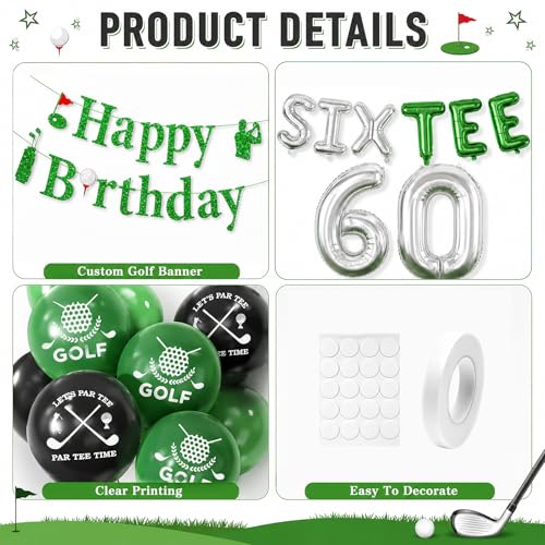 Image of 60th Golf Themed Birthday Decorations for Men 60th Party Decorations | Golf Print Balloons 60 Number Balloons Happy Birthday Banner SIX-TEE Banner 60 Foil Balloons