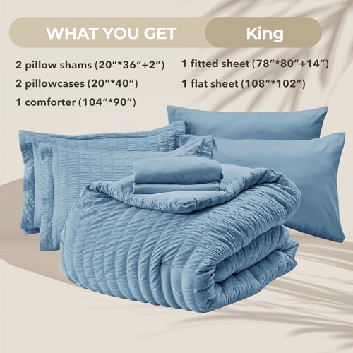 Image of HYMOKEGE Mineral Blue King Size Comforter Set Seersucker 7 Pieces, All Season Luxury Bed in a Bag for Bedroom, Bedding Set with Comforter, Sheets, Pillowcases & Shams