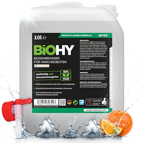 BiOHY Limpiador de suelos para robot con aroma a naranja (bidón de 10 litros) + grifo de salida, concentrado de detergente para todos los robots de limpieza, sin espuma y sin rayas, concentrado