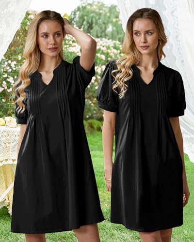 Image of Summer Dresses for Women 2025 Shift Dress V Neck Puff Short Sleeve T Shirt Dress Women's Casual Dresses Sundress