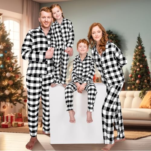 Hillban Family Matching Winter Pajamas Set Black White Plaid Buffalo Pajamas Couple Long Sleeve Pjs Cotton for Adult Youth4