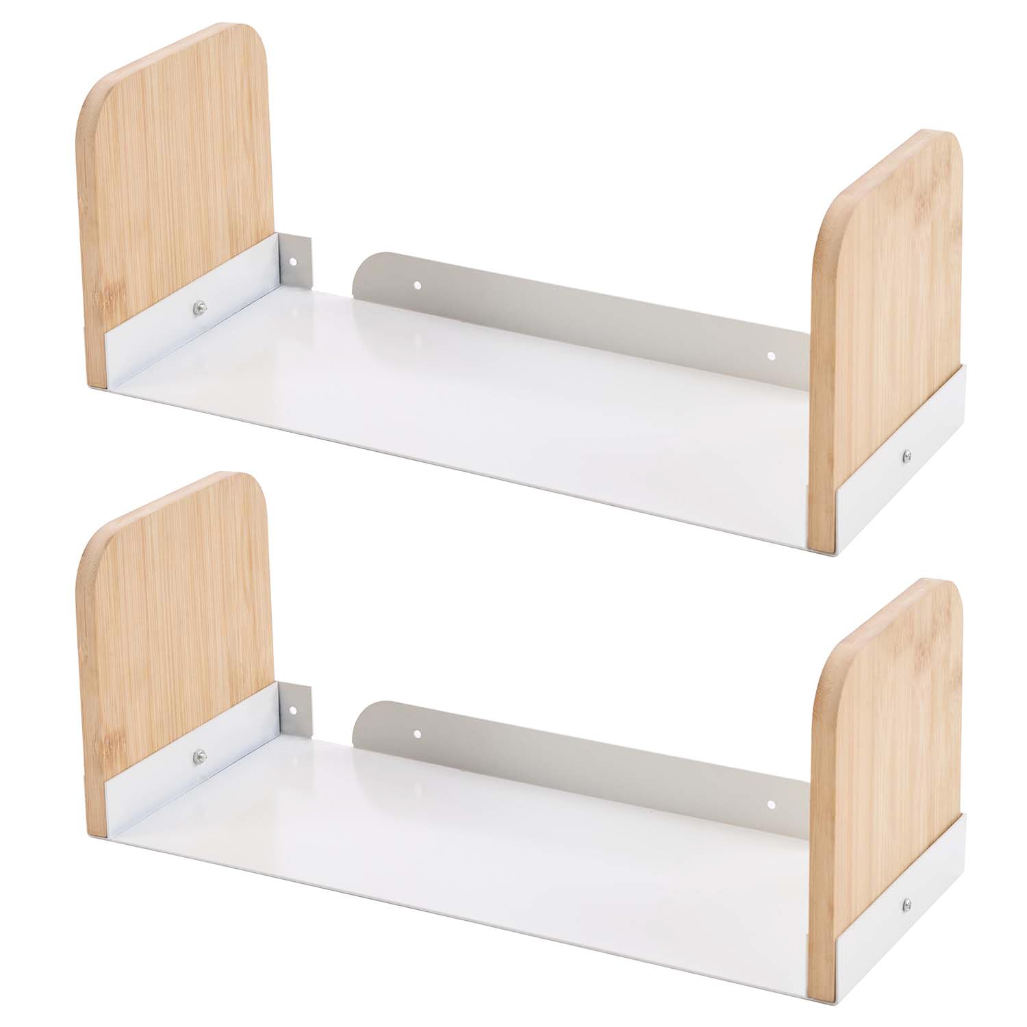 Balama Bücherregal Wandregal weiß Länge 40 cm, Breite 15cm passt für Bücher, 2er Set, aus Bambus & Dickes Metall, bis 15kg, inkl. Dübel & Schrauben