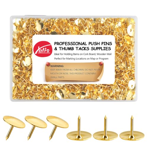Yalis Thumb Tacks 500-count, 3/8-inch Steel Roundness Push Pins Office Tacks for Corkboard (Gold)