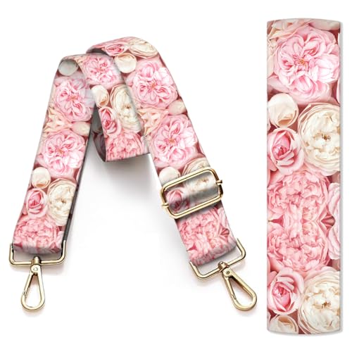 Image of Purse Strap Replacement Crossbody, 3.8cm Wide Shoulder Strap Adjustable Replacement Belt Gold Buckle, Handbag Crossbody Bag Strap Cute Pink Flowers