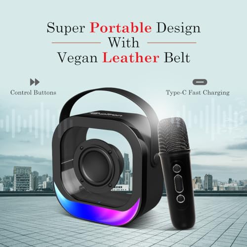 Image of pTron Fusion Moment V2 10W Mini Bluetooth Speaker with Wireless Karaoke Mic, Pristine Sound, RGB Lights, Funny Voice Change Effects, 6Hrs Playtime, Bluetooth V5.3 & Type-C Fast Charging Port (Black)