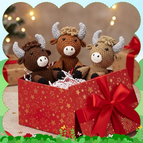 Image of Newwiee 3 Pcs Crochet Kit for Beginners Highland Cow Crochet Kit Holiday Birthday Gift Include Step-by-Step Video, Easy Knitting Yarn, Tutorial, Hook for Women Adults