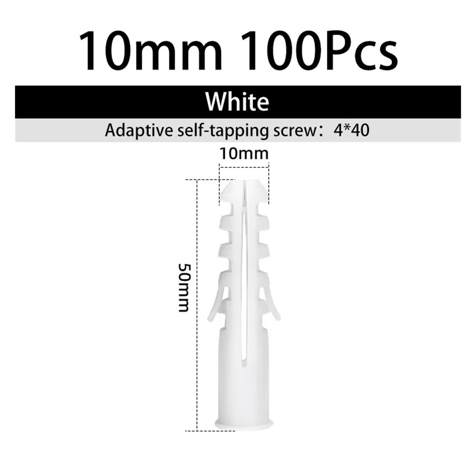tubo de expansión de plástico, tacos de pared, Anclajes de plástico for paneles yeso, 100 piezas, 6-12 mm, color blanco(10mm)