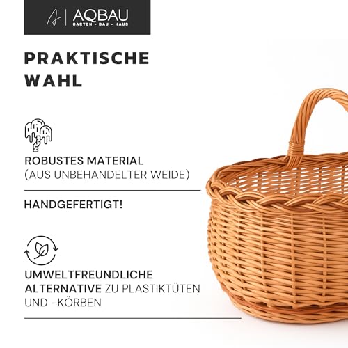 Aqbau Einkaufskorb, osterkorb groß geflochten aus Weide 47 x 35 x 33 cm – Weidenkorb mit Henkel, stabiler Tragekorb, Picknickkorb, Pilzkorb, natürlicher Wicker Basket