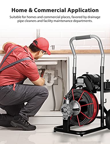 Drain Cleaner Machine 100Ft x 3/8\'\' 370W Electric Drain Auger Plumbing Snake Fit 1\'\' to 4\'\' Pipes Drain Cleaning with Safety Foot Switch Control Lever for Sewer Toilets Sink Floor Drains