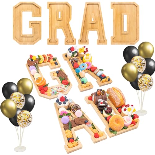 Image of 4PCS Wooden Graduation Decorations Number Charcuterie Board Box-(with 14 Balloons) GRAD Charcuterie Numbers Fillable Food Graduation Party Supplies Suitable for 2025 Party Graduation Decoration