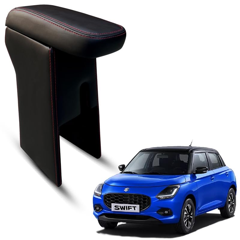 Image of Carigiri Premium Finish Car Armrest with Storage Box And High Density Moulded Foam For Maruti Suzuki Swift (Models-2024,2025)(ONLY FOR ZXI,ZDI /ZXI+ MODELS) (Red Seam,Nappa Leatherette)
