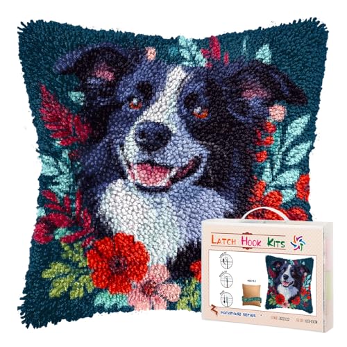 Latch Hook Pillow Kit Border Collie & Flowers