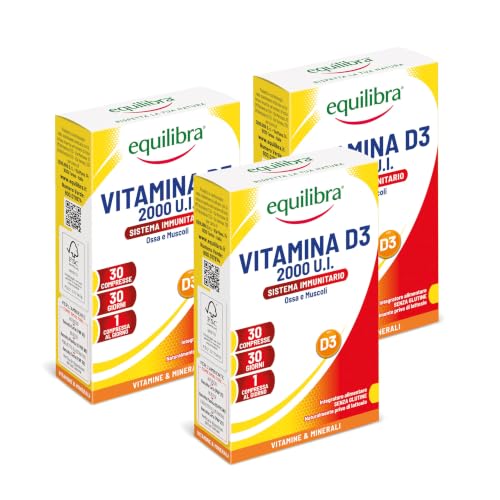 Equilibra Integratori Alimentari, Vitamina D3, Integratore Vitamina D3 per la Normale Funzione del Sistema Immunitario, per il Mantenimento di Ossa Normali, 2000 UI, 3 Pezzi da 30 Compresse Altodosate