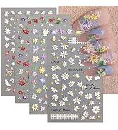 4 Sheets 5D Embossed Flower Nail Stickers Spring Nail Art Stickers Wild Flower Roes Daisy Nail De...