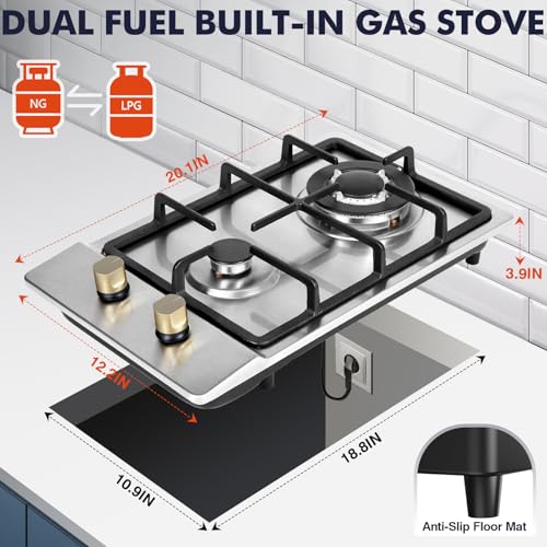 Image of Llamaviva Gas Stove 12 Inch, Propane Cooktop 2 Burner, Portable Gas Cooktop Stainless Steel, Dual Fuel LPG /NG Convertible with Thermocouple Safety Protection