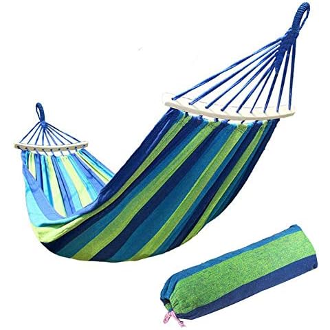 Ruixf Garden Hammock with Wooden Spread Bars and Carry Bag, Portable Canvas Striped Breathable Hammocks Perfect for Patio Yard Outdoors (M - 200cm X 100cm,Blue) Cover