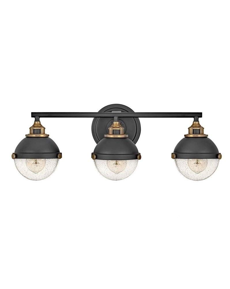HinkleyFletcher Three Light Bath Vanity Fixture - Dome Shade + Clear Seedy Glass - Black + Heritage Brass Accents