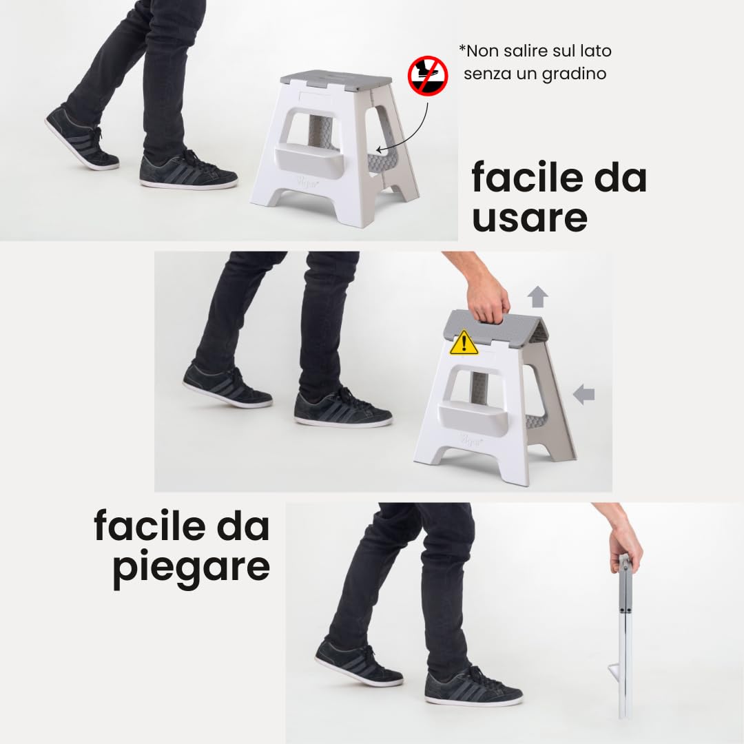 Vigar Compatto Sgabello Pieghevole per Adulti, 40 cm, 2 Gradini, Sgabello Pieghevole Portatile Antiscivolo per Casa, Cucina, Bagno, Campeggio, Doccia, Supporta fino a 150 kg, Grigio