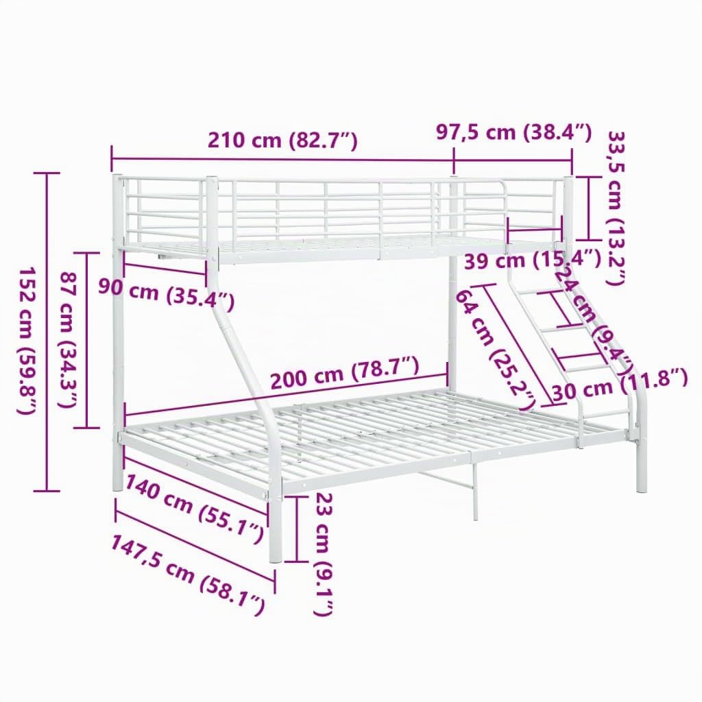vidaXL Estructura de Litera Cama Doble para Niños Infantiles Soporte Dormitorio Habitación Dos Personas Marcos Bases con Escalera de Metal Blanco