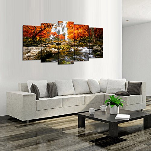 Kreative Arts - Autumn Forest Waterfalls 5 Piece Modern Wrapped Giclee Canvas Prints Artwork Landscape Tree Paintings Pictures On Canvas Wall Art For Living Room (Large Size 60X32Inch) #TOP2