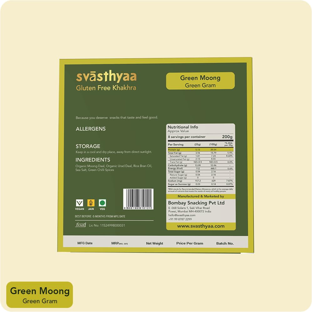 Image of Svasthyaa Green Moong Dal Khakhra | Gluten Free Roasted Khakra Snack | No Palm Oil, No Maida | Healthy Light Diet Snack for Weight Loss | 200g | Pack of 2