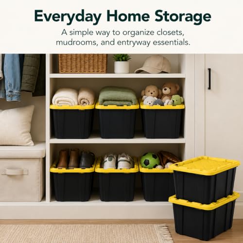 Image of 6-Pack 27Gal Stackable Storage Bins with Lids, Heavy Plastic, Black Yellow