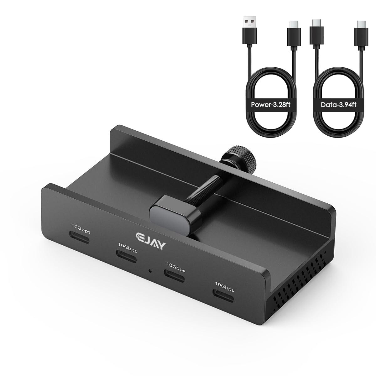 EJAY Hub USB C da 10 Gbps, 4 porte in alluminio USB 3.2, design a morsetto per scrivania/computer con porta di alimentazione extra e cavo dati lungo 119,4 cm e cavo di alimentazione da 99 cm