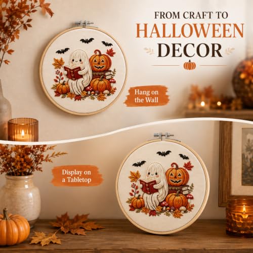 Image of YOUDRN Halloween Ghost Reading Book Embroidery Kit for Beginners Adults | DIY Halloween Embroidery Kits, Ghost, Fall Pumpkin, Maple Pattern, Cotton Threads, Needles, Instruction, 20 cm Hoop