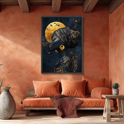 Portrait de femme noire sur toile poster lune dorée 30x40cm